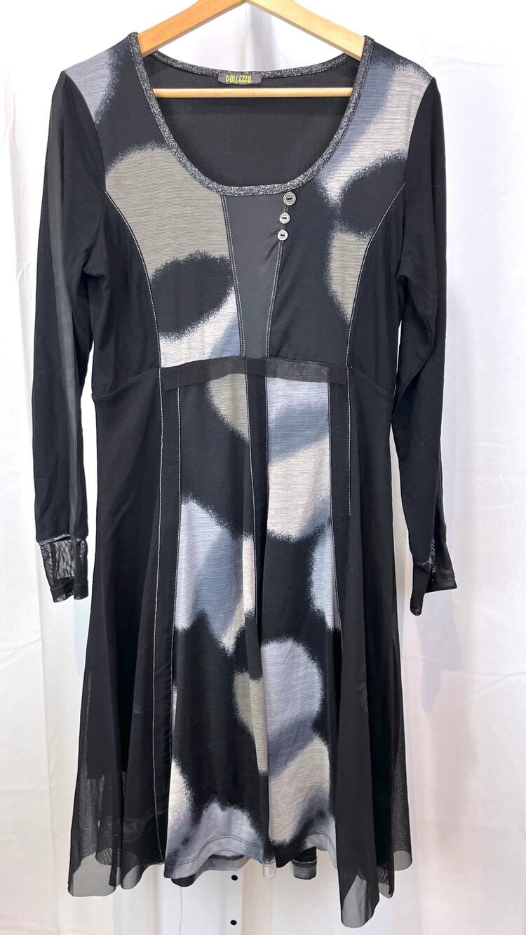 DOLCEZZA Estimated M Long Sleeve Midi Dress Scoop Neck Multicolor Print Gray
